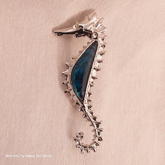 Seahorse Brooch Abalone Stone In Bezel Silver Tone Setting - Picture 3 of 6